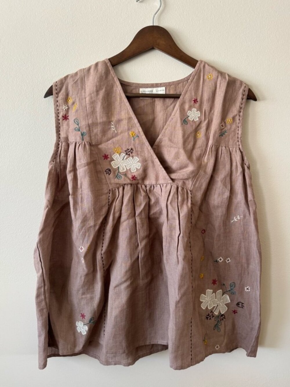 Live Linen Embroidered Floral Sleeveless Blouse, Linen